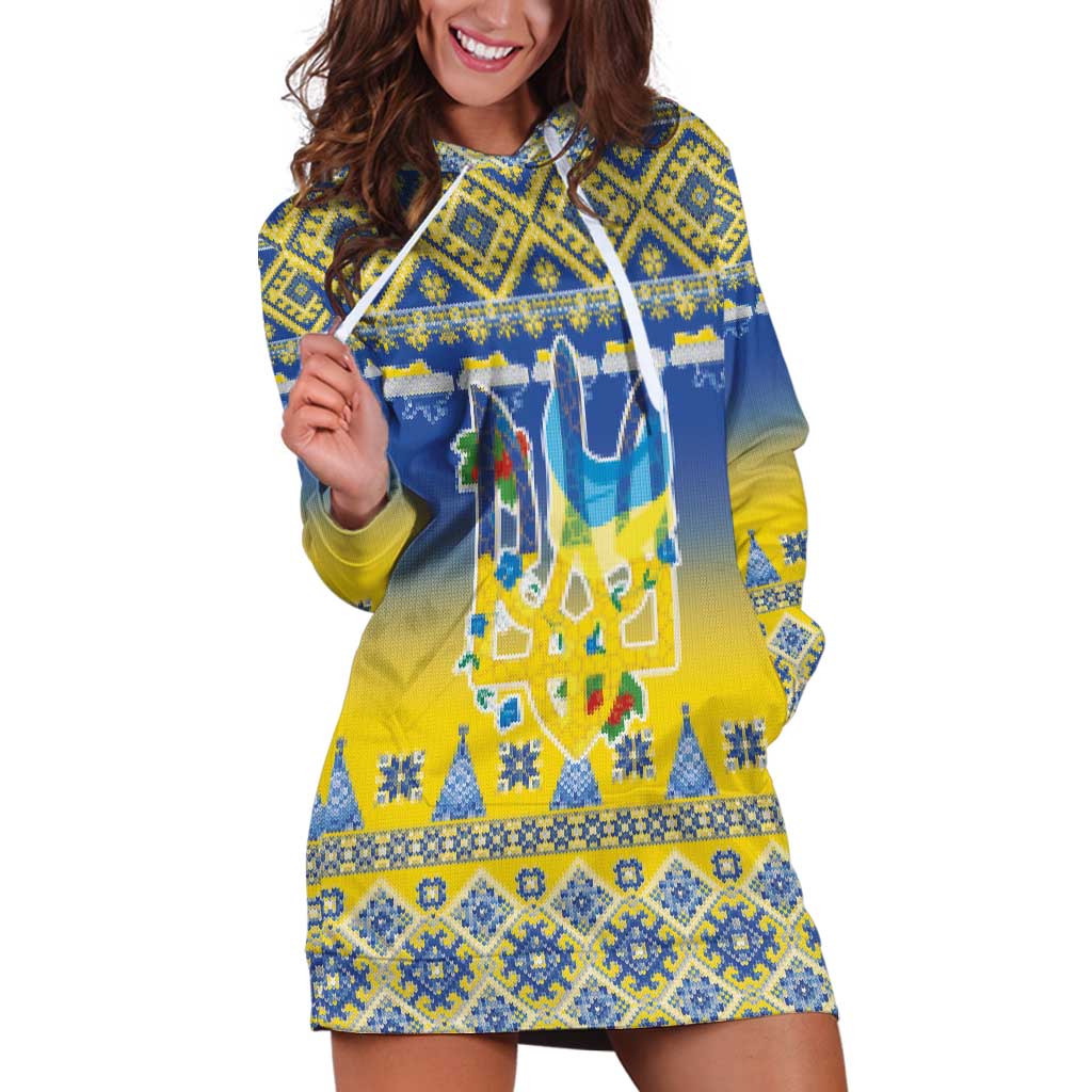 Ukraine Merry Christmas Hoodie Dress Ukraine Emblem and Vyshyvanka Knitted Effect - Wonder Print Shop