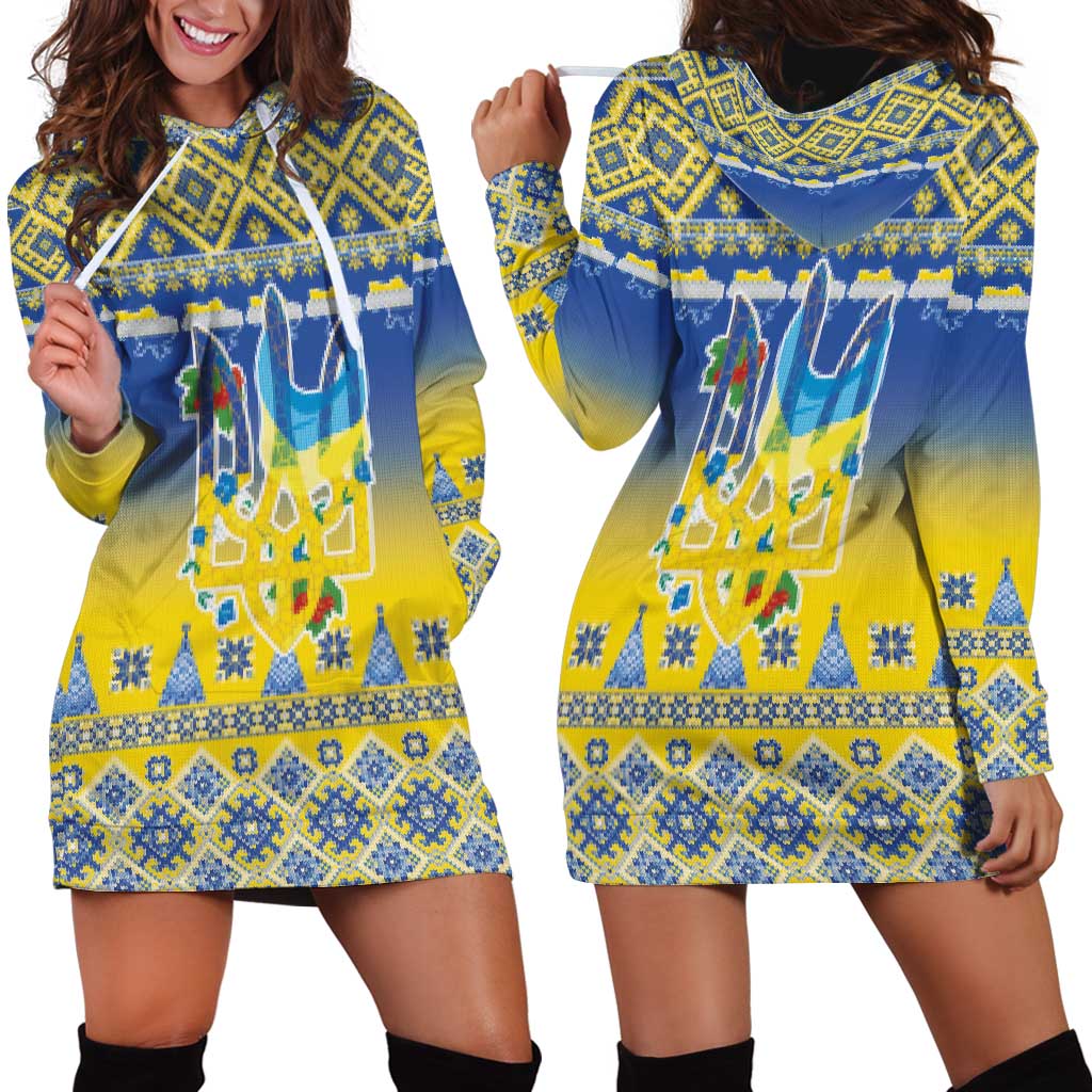Ukraine Merry Christmas Hoodie Dress Ukraine Emblem and Vyshyvanka Knitted Effect - Wonder Print Shop