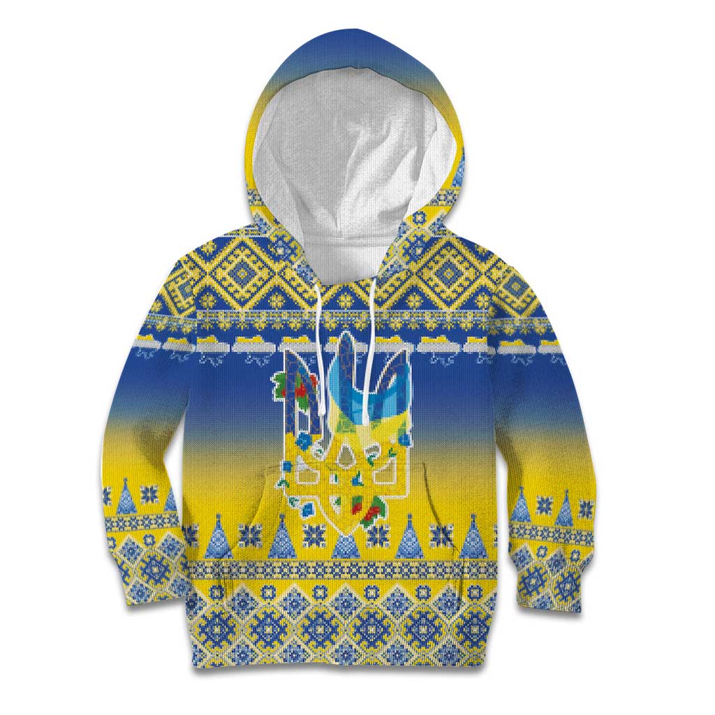 Ukraine Merry Christmas Kid Hoodie Ukraine Emblem and Vyshyvanka Knitted Effect - Wonder Print Shop