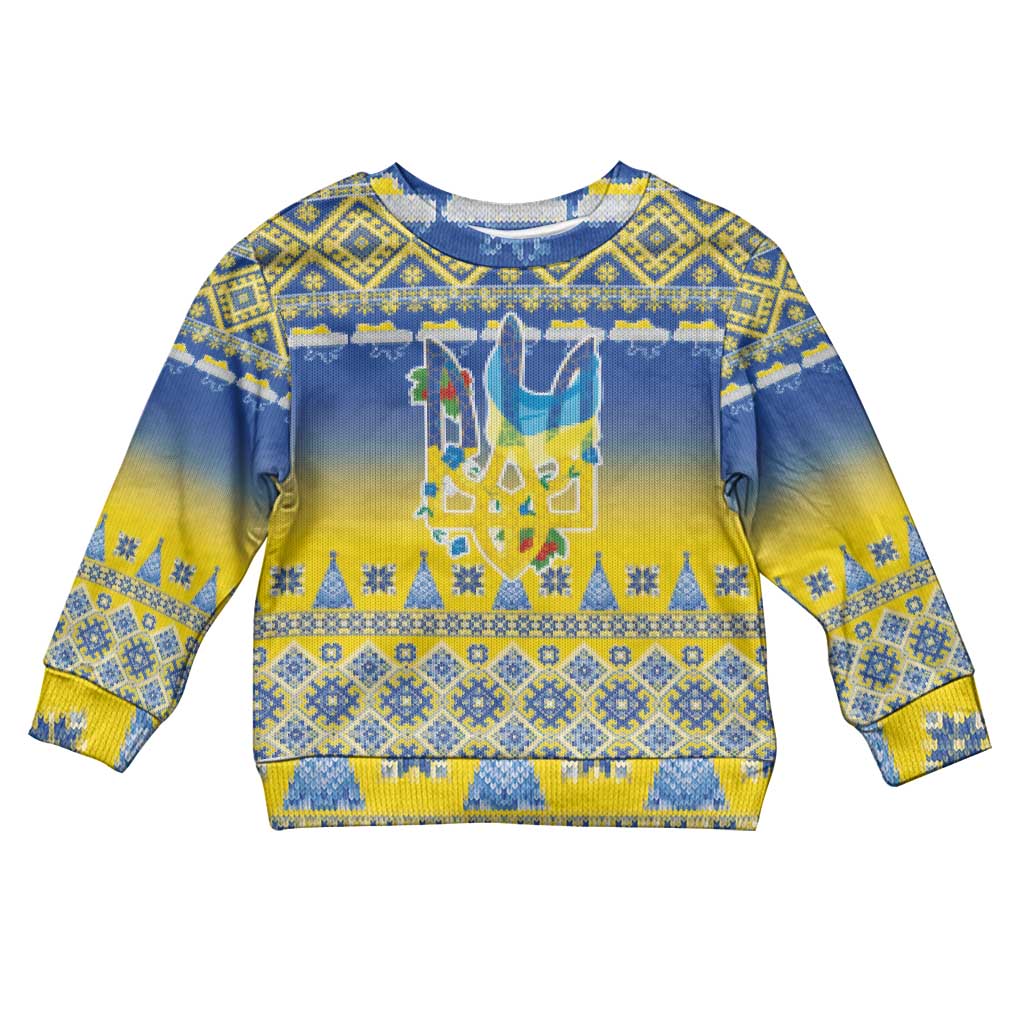 Ukraine Merry Christmas Kid Ugly Christmas Sweater Ukraine Emblem and Vyshyvanka Knitted Effect - Wonder Print Shop