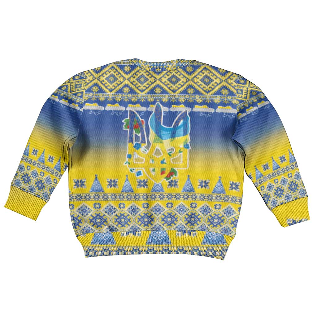 Ukraine Merry Christmas Kid Ugly Christmas Sweater Ukraine Emblem and Vyshyvanka Knitted Effect - Wonder Print Shop