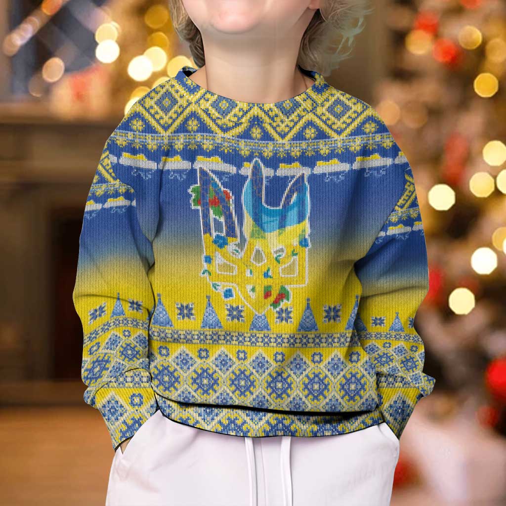 Ukraine Merry Christmas Kid Ugly Christmas Sweater Ukraine Emblem and Vyshyvanka Knitted Effect - Wonder Print Shop