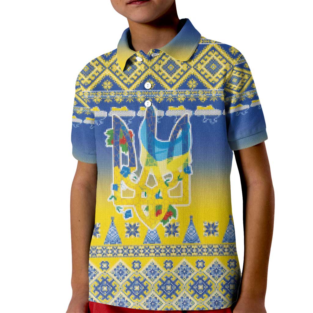Ukraine Merry Christmas Kid Polo Shirt Ukraine Emblem and Vyshyvanka Knitted Effect - Wonder Print Shop