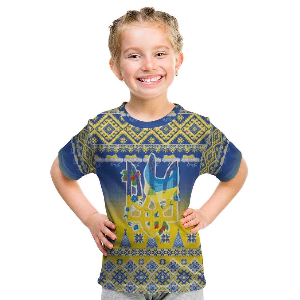 Ukraine Merry Christmas Kid T Shirt Ukraine Emblem and Vyshyvanka Knitted Effect - Wonder Print Shop