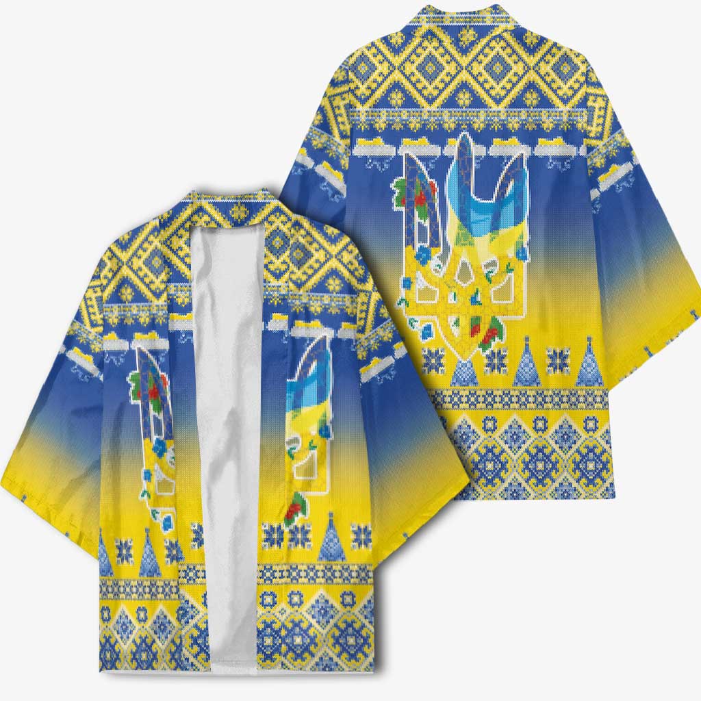 Ukraine Merry Christmas Kimono Ukraine Emblem and Vyshyvanka Knitted Effect - Wonder Print Shop