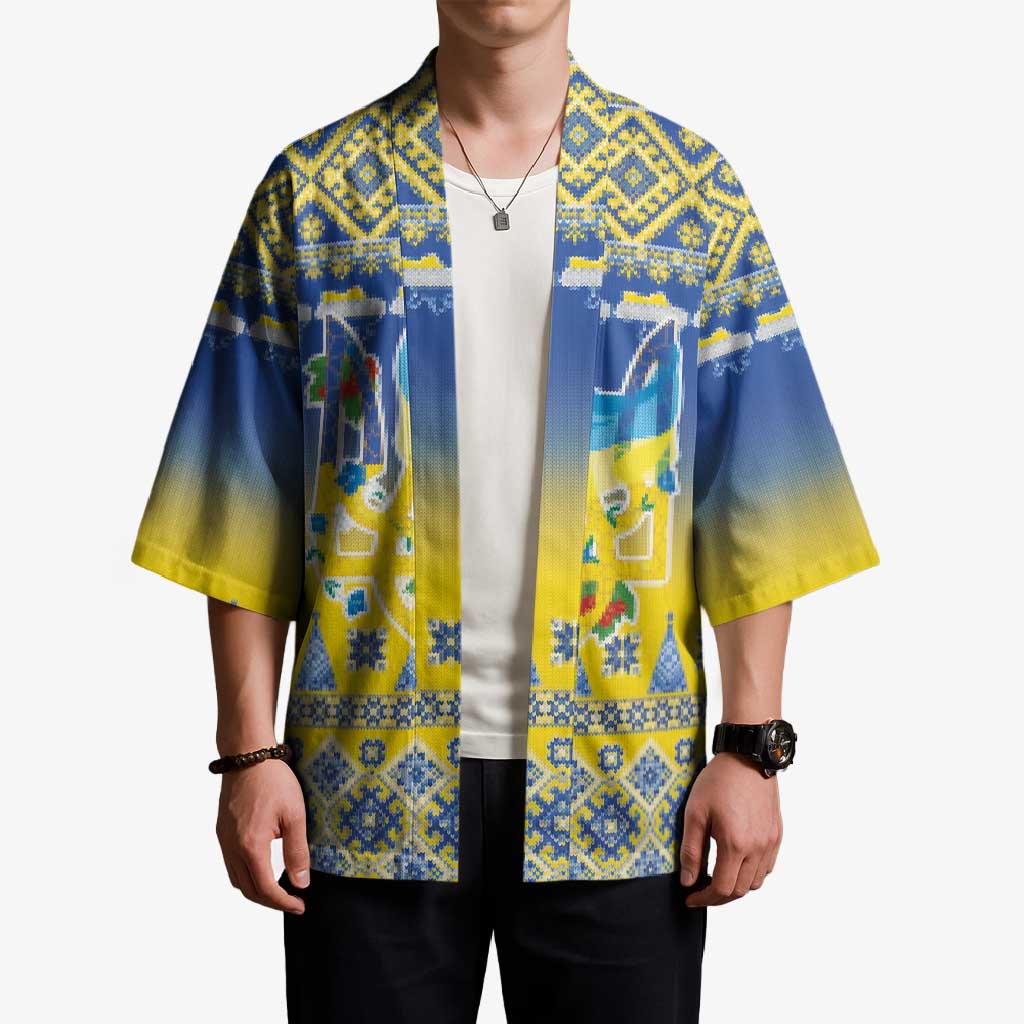 Ukraine Merry Christmas Kimono Ukraine Emblem and Vyshyvanka Knitted Effect - Wonder Print Shop