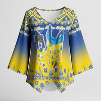 Ukraine Merry Christmas Kimono Sleeve Blouse Ukraine Emblem and Vyshyvanka Knitted Effect - Wonder Print Shop