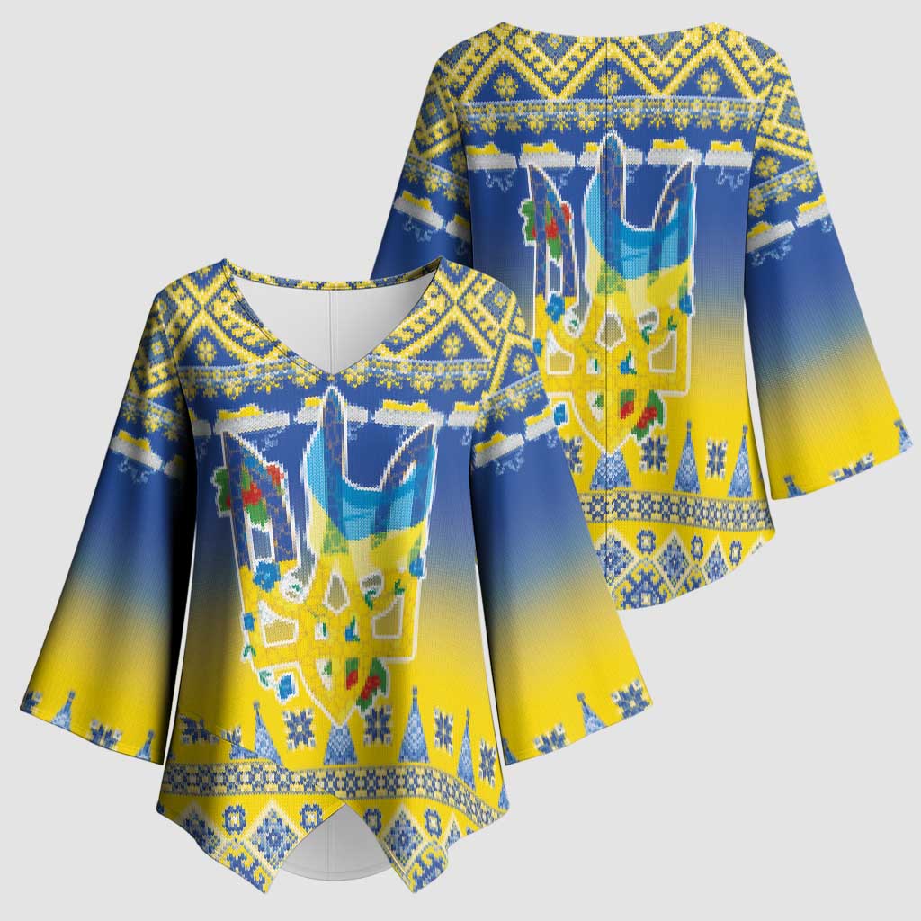Ukraine Merry Christmas Kimono Sleeve Blouse Ukraine Emblem and Vyshyvanka Knitted Effect - Wonder Print Shop