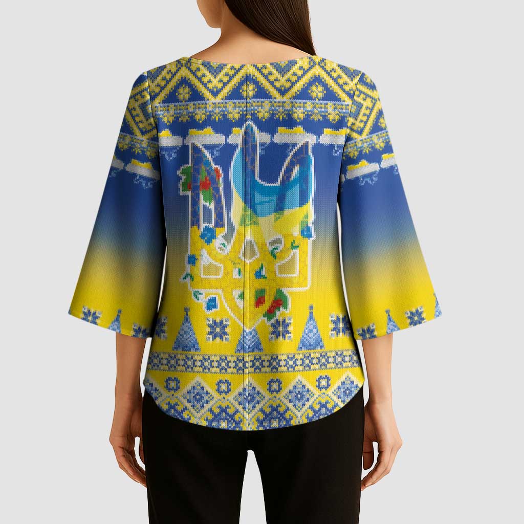 Ukraine Merry Christmas Kimono Sleeve Blouse Ukraine Emblem and Vyshyvanka Knitted Effect - Wonder Print Shop