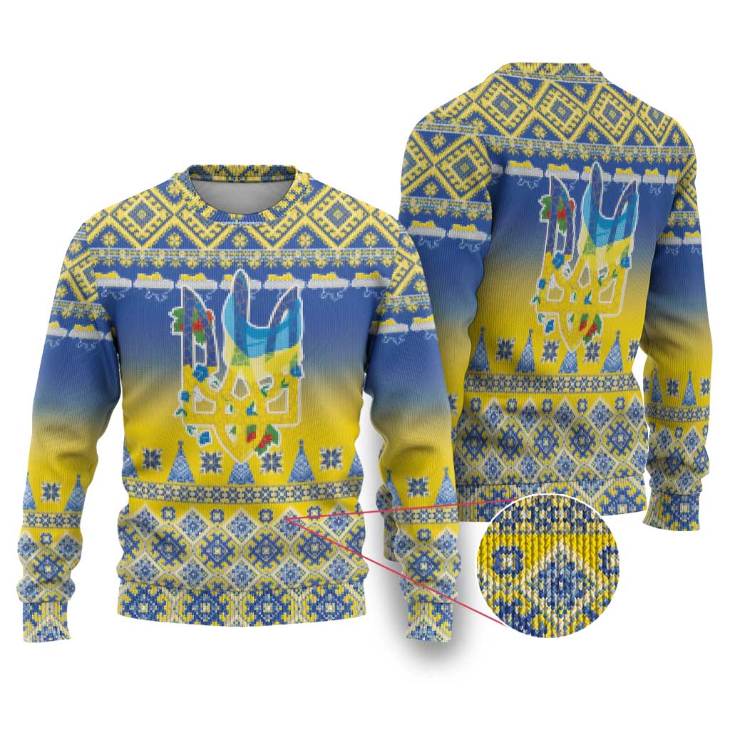 Ukraine Merry Christmas Ugly Christmas Sweater Ukraine Emblem and Vyshyvanka Knitted Effect - Wonder Print Shop