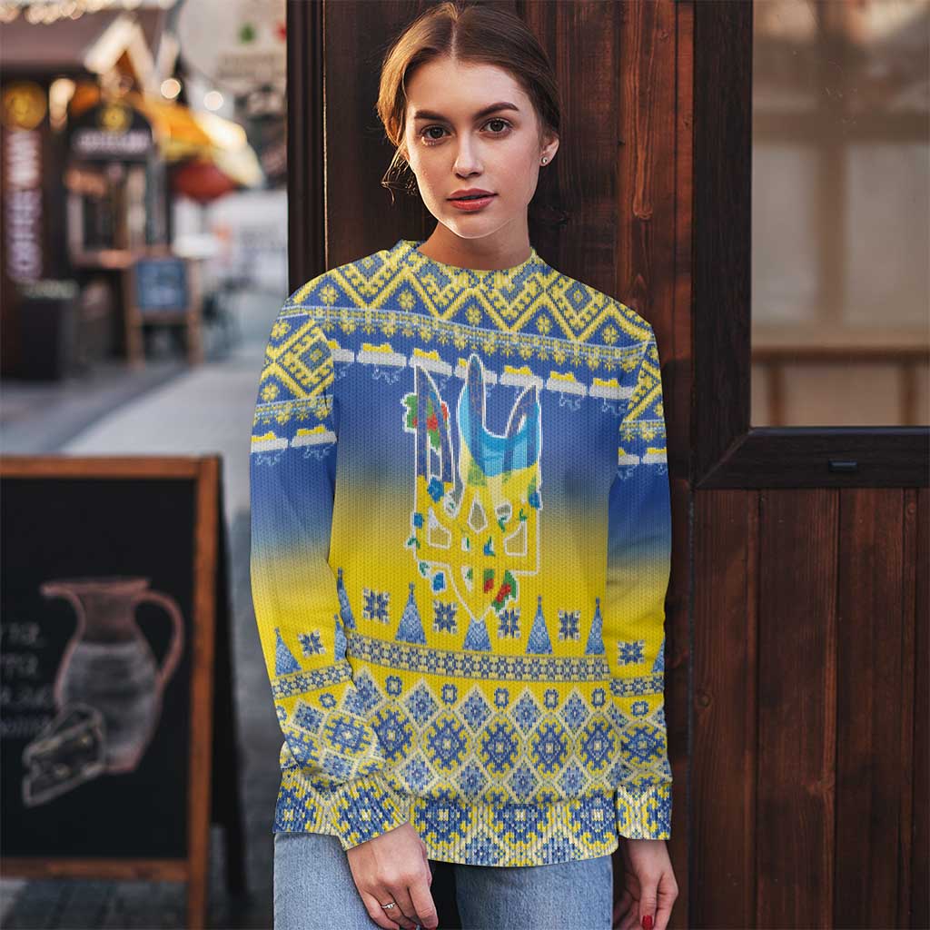 Ukraine Merry Christmas Ugly Christmas Sweater Ukraine Emblem and Vyshyvanka Knitted Effect - Wonder Print Shop