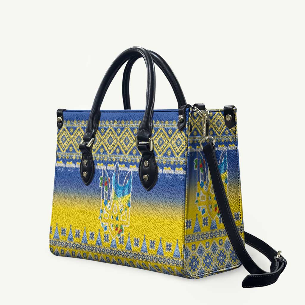 Ukraine Merry Christmas Leather Bag Ukraine Emblem and Vyshyvanka Knitted Effect - Wonder Print Shop