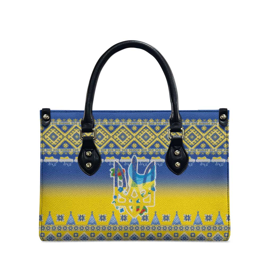 Ukraine Merry Christmas Leather Bag Ukraine Emblem and Vyshyvanka Knitted Effect - Wonder Print Shop