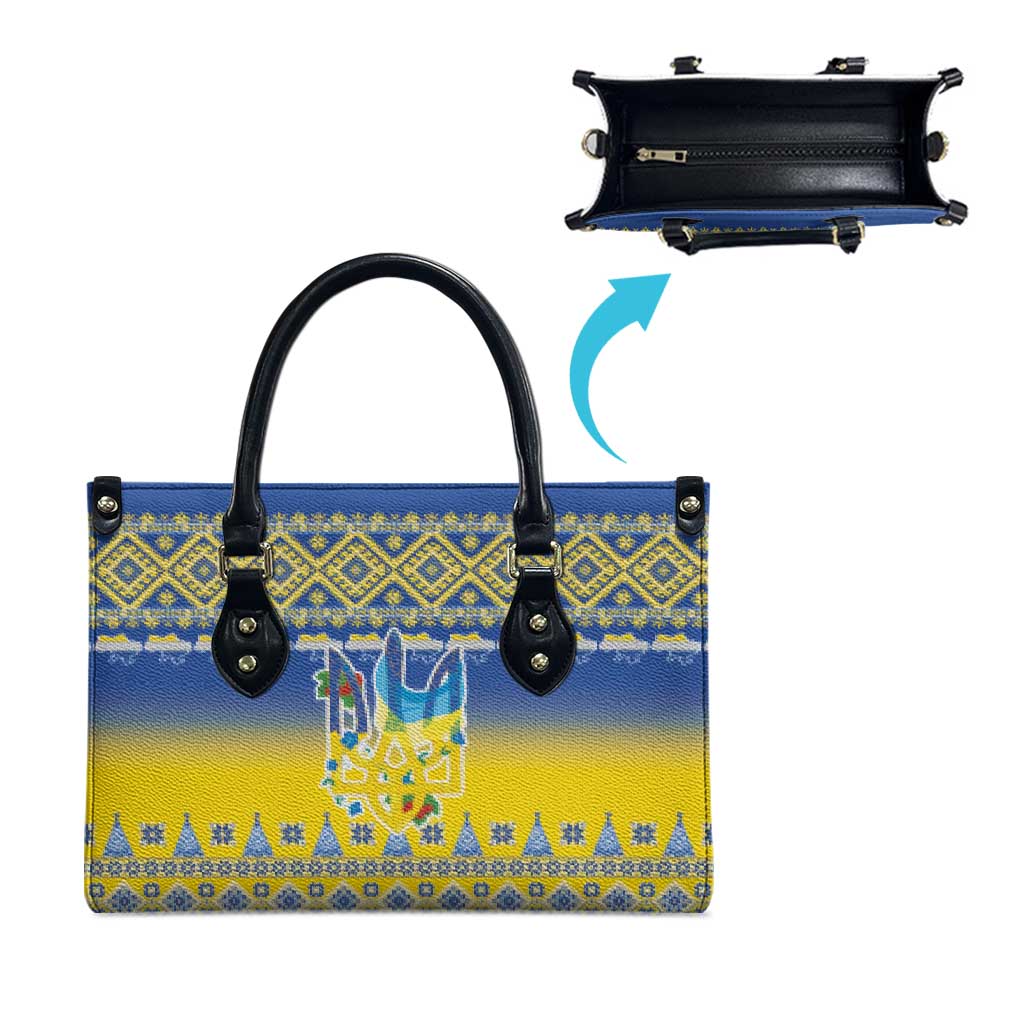 Ukraine Merry Christmas Leather Bag Ukraine Emblem and Vyshyvanka Knitted Effect - Wonder Print Shop