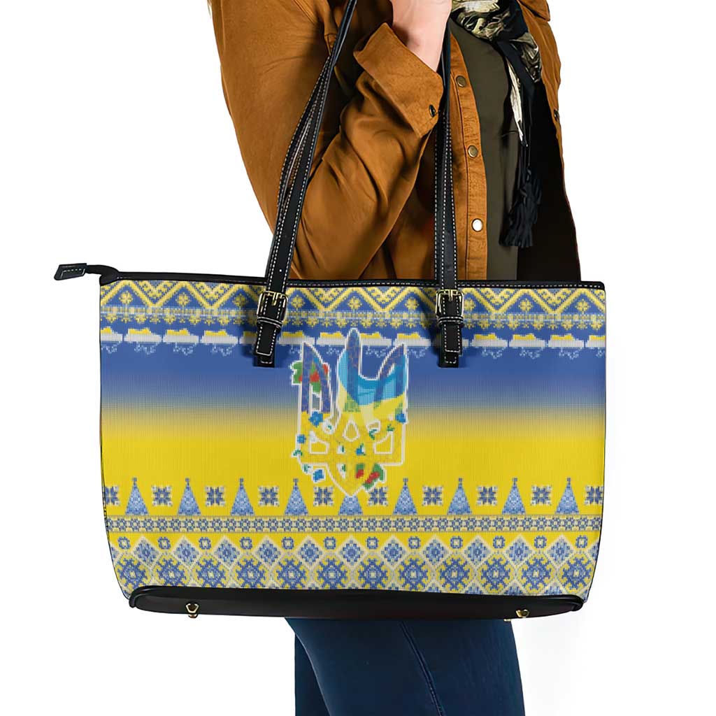 Ukraine Merry Christmas Leather Tote Bag Ukraine Emblem and Vyshyvanka Knitted Effect - Wonder Print Shop