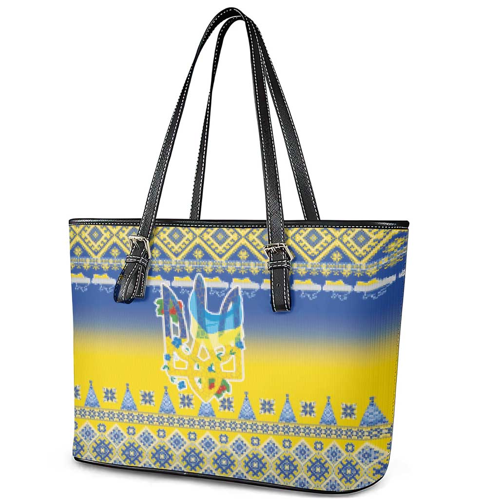 Ukraine Merry Christmas Leather Tote Bag Ukraine Emblem and Vyshyvanka Knitted Effect - Wonder Print Shop