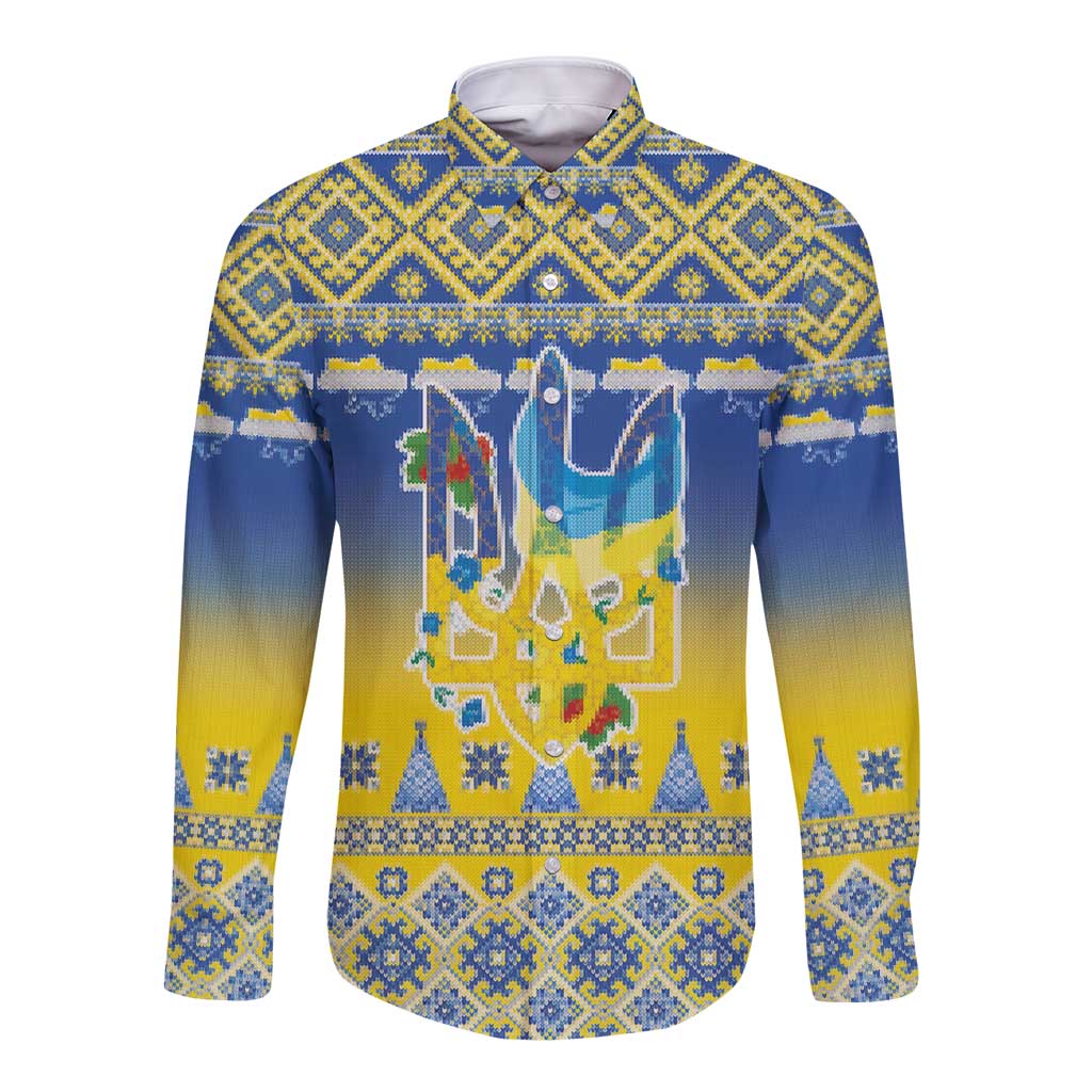 Ukraine Merry Christmas Long Sleeve Button Shirt Ukraine Emblem and Vyshyvanka Knitted Effect - Wonder Print Shop
