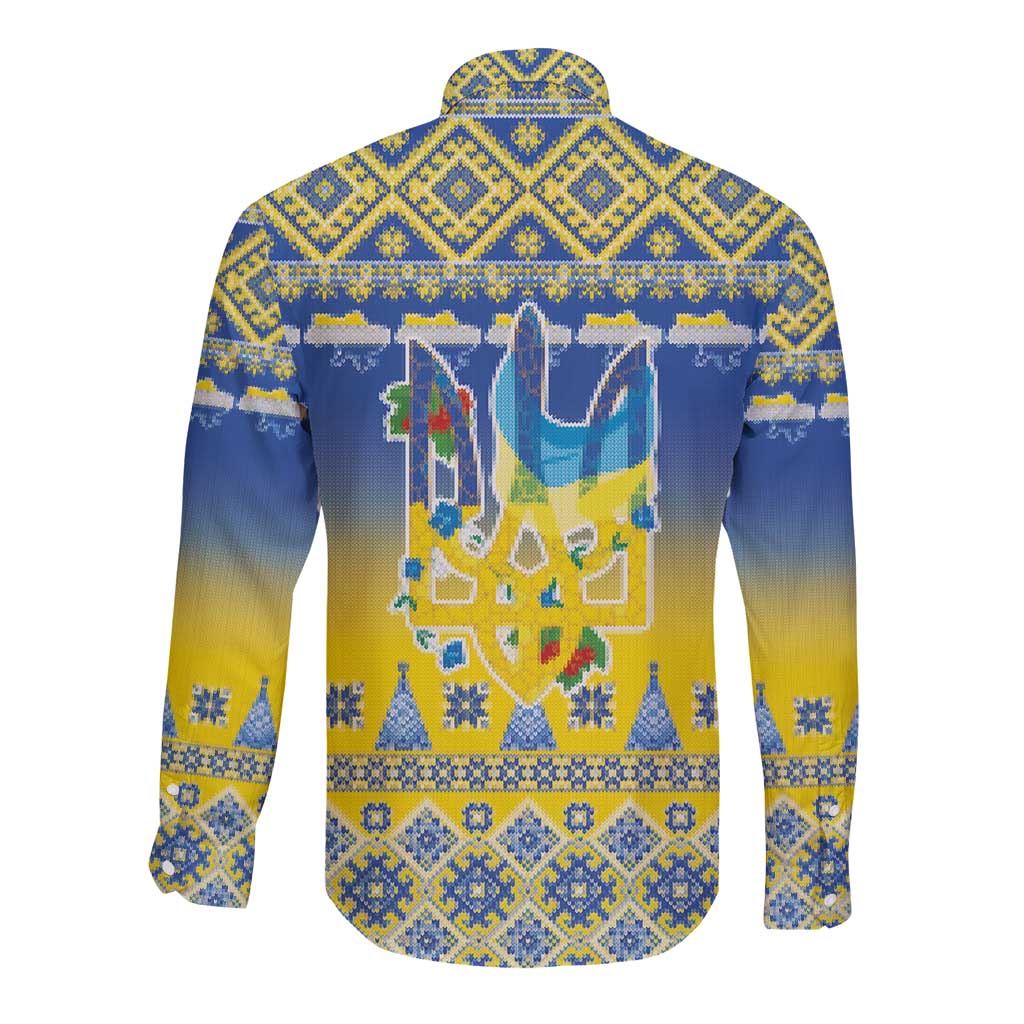 Ukraine Merry Christmas Long Sleeve Button Shirt Ukraine Emblem and Vyshyvanka Knitted Effect - Wonder Print Shop