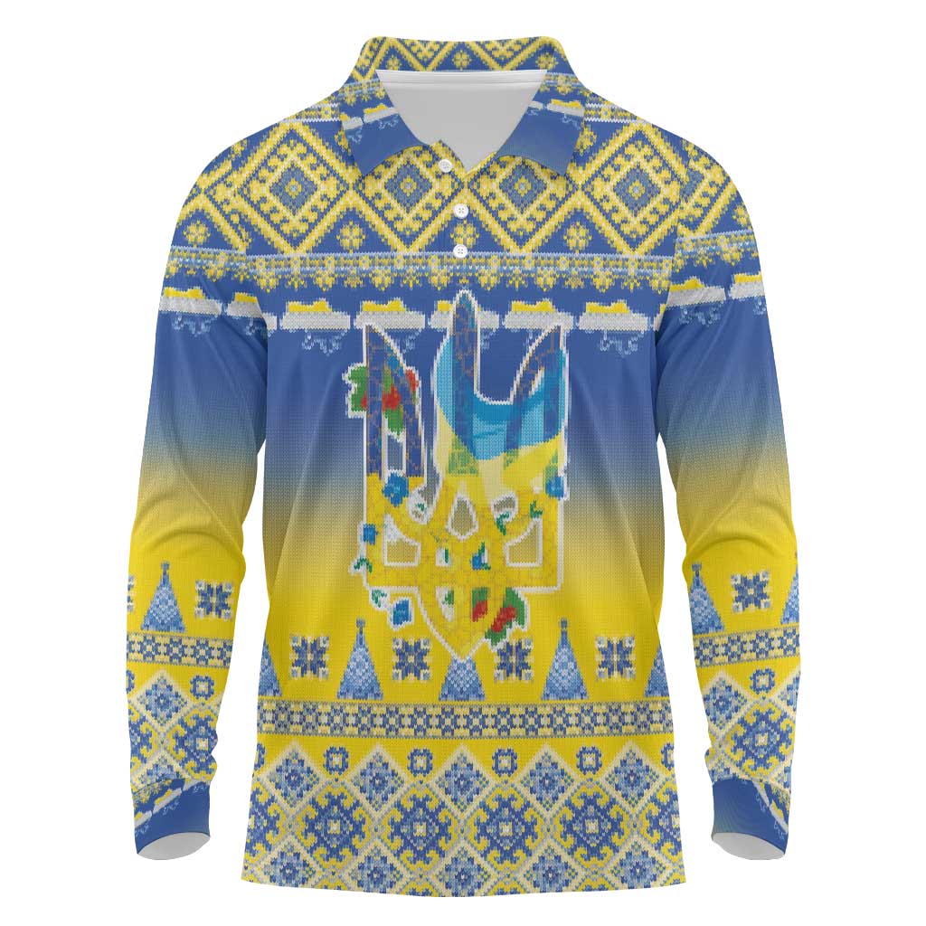Ukraine Merry Christmas Long Sleeve Polo Shirt Ukraine Emblem and Vyshyvanka Knitted Effect - Wonder Print Shop