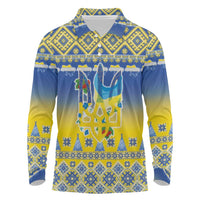 Ukraine Merry Christmas Long Sleeve Polo Shirt Ukraine Emblem and Vyshyvanka Knitted Effect - Wonder Print Shop