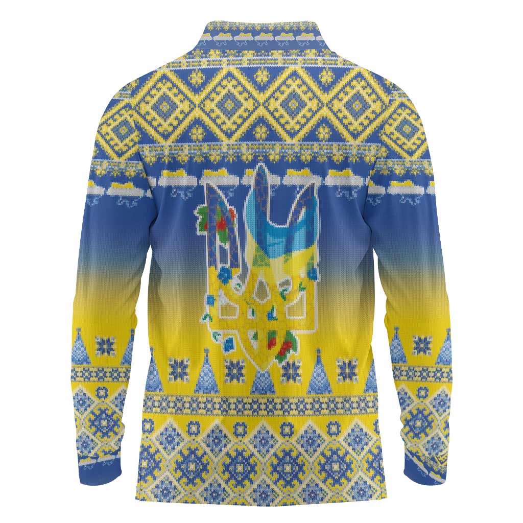 Ukraine Merry Christmas Long Sleeve Polo Shirt Ukraine Emblem and Vyshyvanka Knitted Effect - Wonder Print Shop