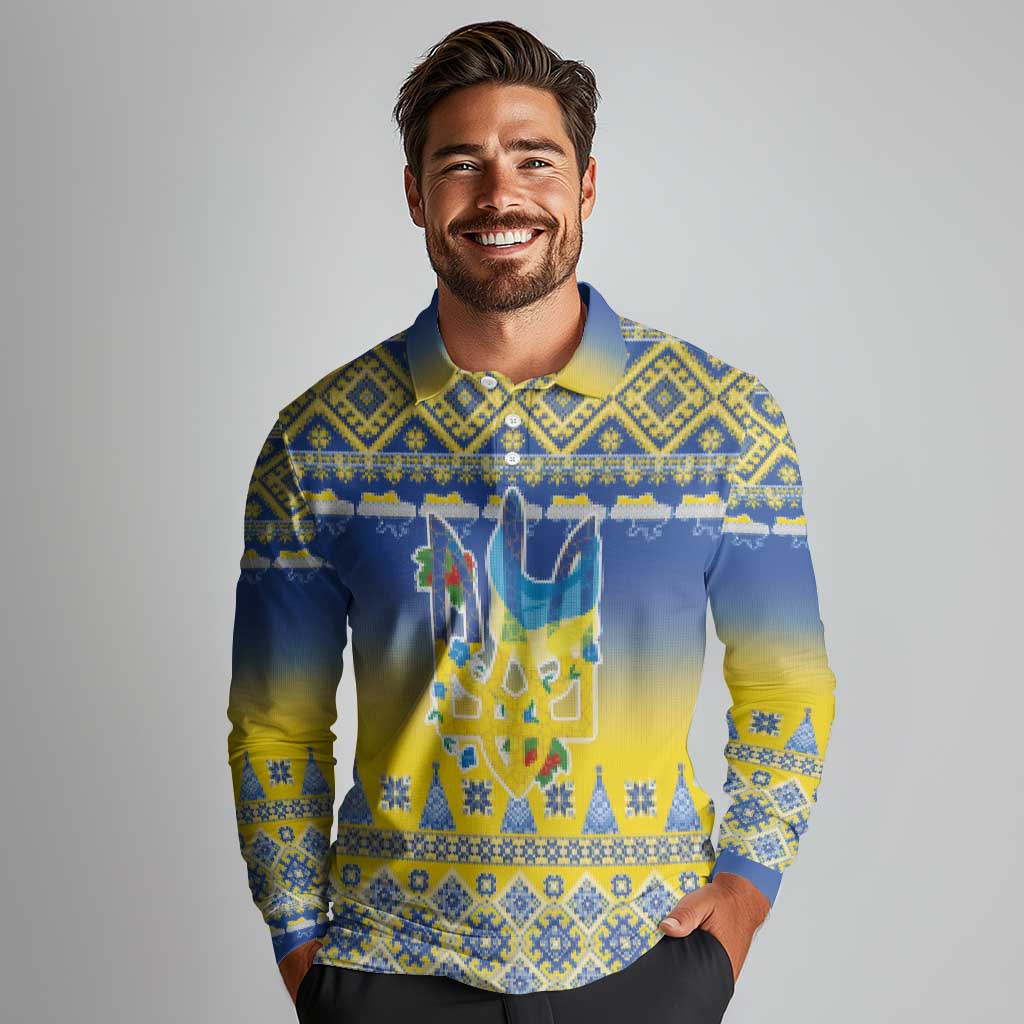 Ukraine Merry Christmas Long Sleeve Polo Shirt Ukraine Emblem and Vyshyvanka Knitted Effect - Wonder Print Shop