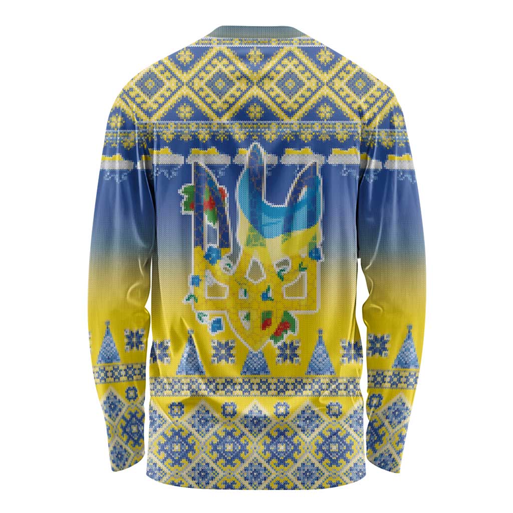 Ukraine Merry Christmas Long Sleeve Shirt Ukraine Emblem and Vyshyvanka Knitted Effect - Wonder Print Shop