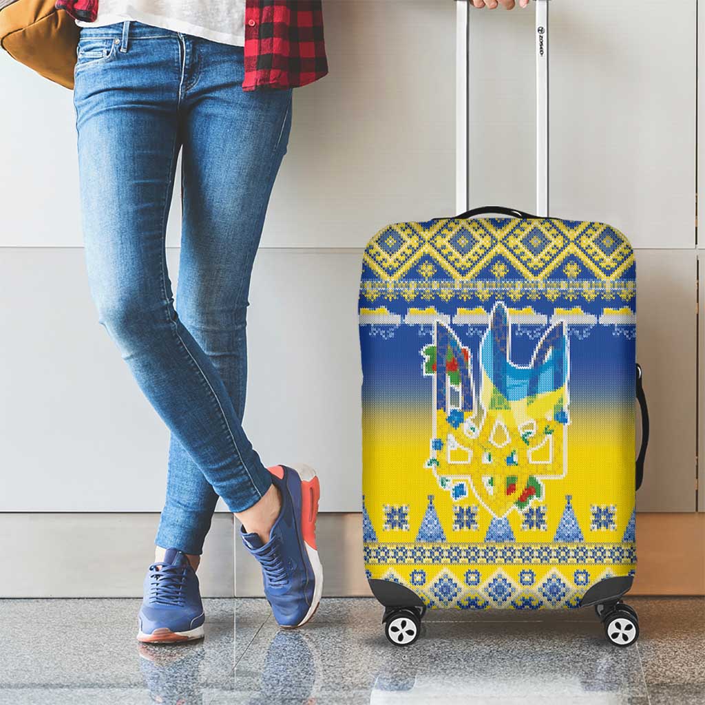 Ukraine Merry Christmas Luggage Cover Ukraine Emblem and Vyshyvanka Knitted Effect - Wonder Print Shop