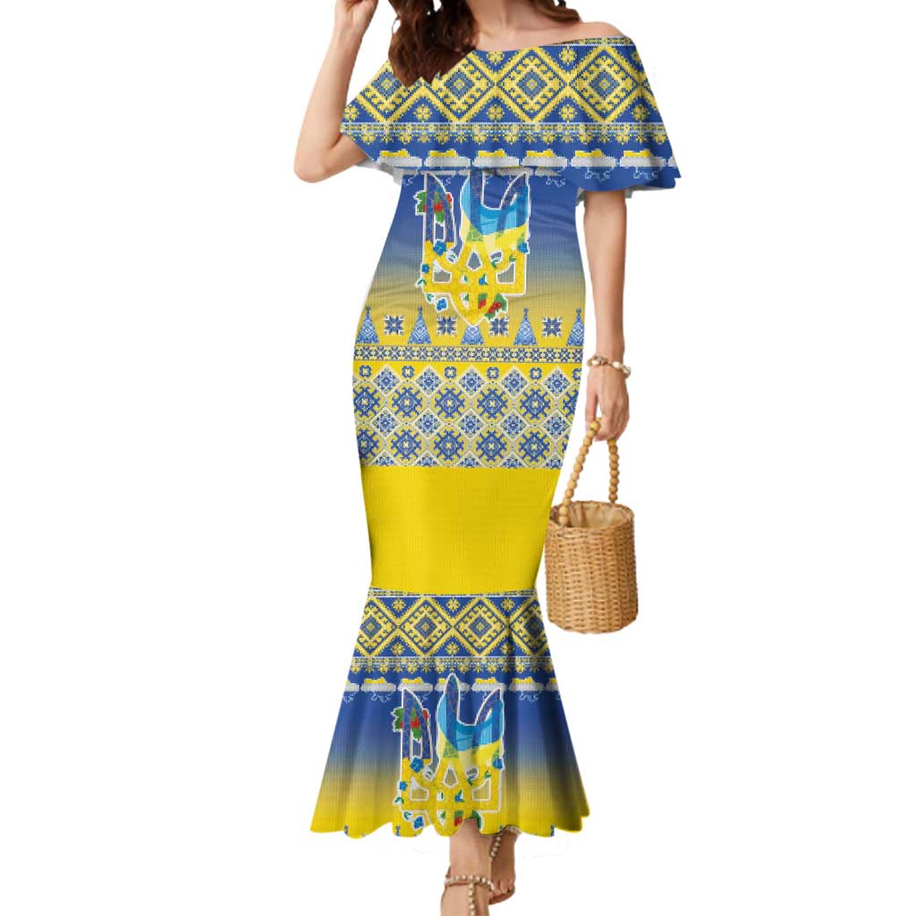 Ukraine Merry Christmas Mermaid Dress Ukraine Emblem and Vyshyvanka Knitted Effect - Wonder Print Shop
