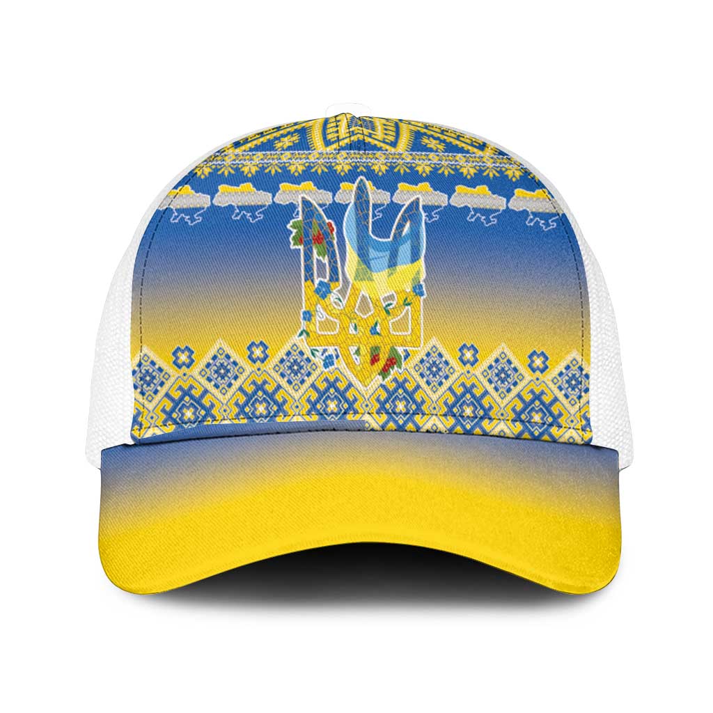 Ukraine Merry Christmas Mesh Trucker Cap Ukraine Emblem and Vyshyvanka Flag Color Style - Wonder Print Shop