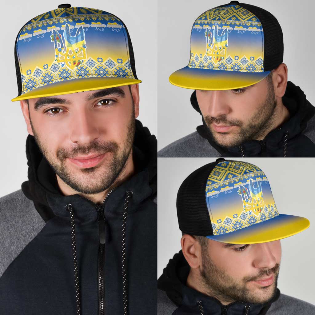 Ukraine Merry Christmas Mesh Trucker Cap Ukraine Emblem and Vyshyvanka Flag Color Style - Wonder Print Shop