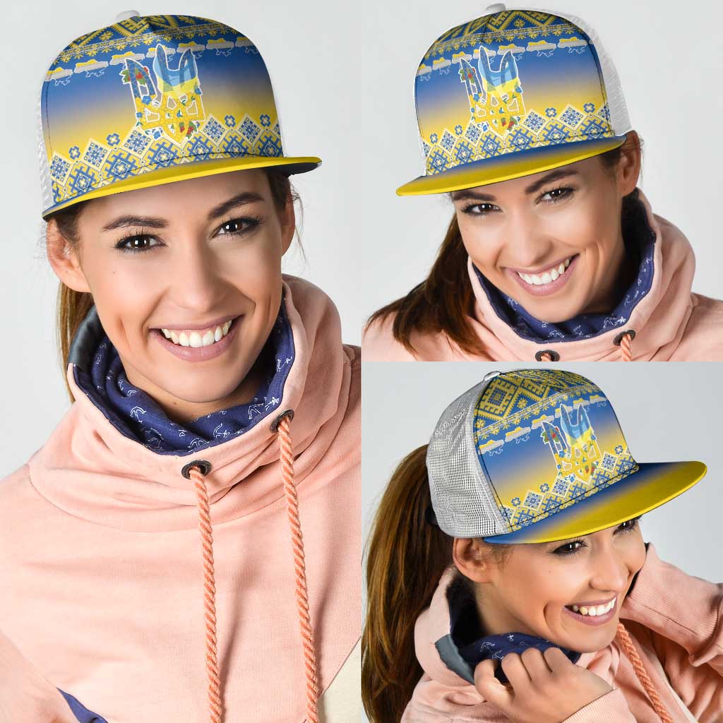 Ukraine Merry Christmas Mesh Trucker Cap Ukraine Emblem and Vyshyvanka Flag Color Style - Wonder Print Shop