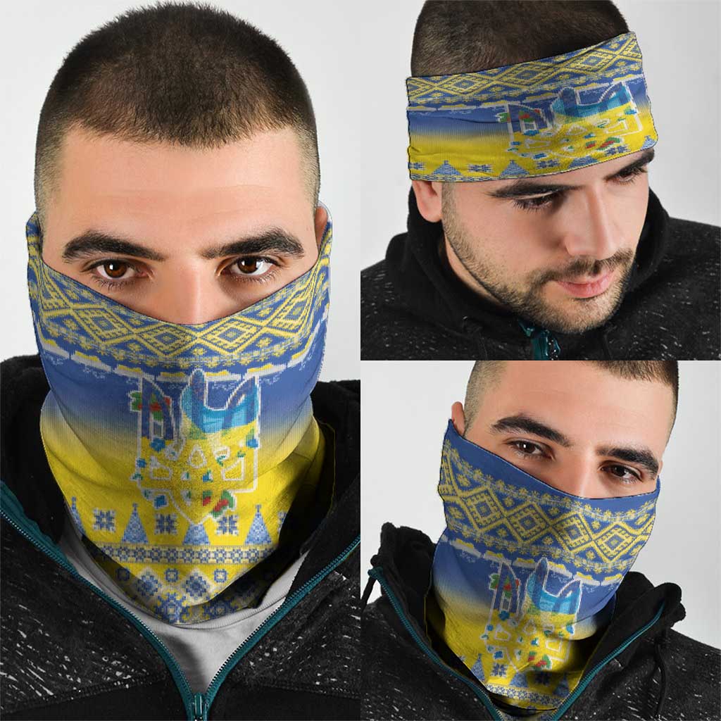 Ukraine Merry Christmas Neck Gaiter Ukraine Emblem and Vyshyvanka Knitted Effect - Wonder Print Shop