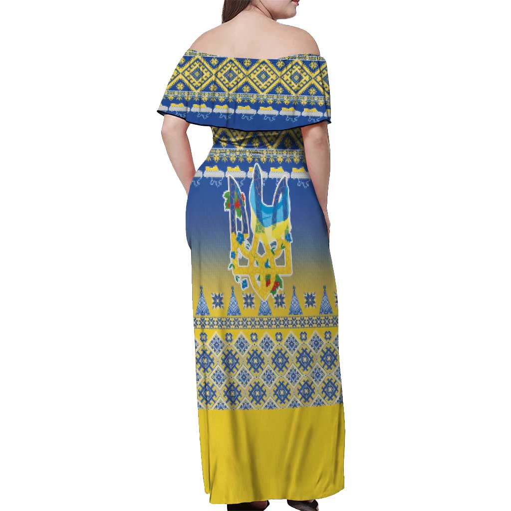 Ukraine Merry Christmas Off Shoulder Maxi Dress Ukraine Emblem and Vyshyvanka Knitted Effect - Wonder Print Shop