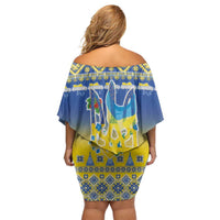 Ukraine Merry Christmas Off Shoulder Short Dress Ukraine Emblem and Vyshyvanka Knitted Effect - Wonder Print Shop
