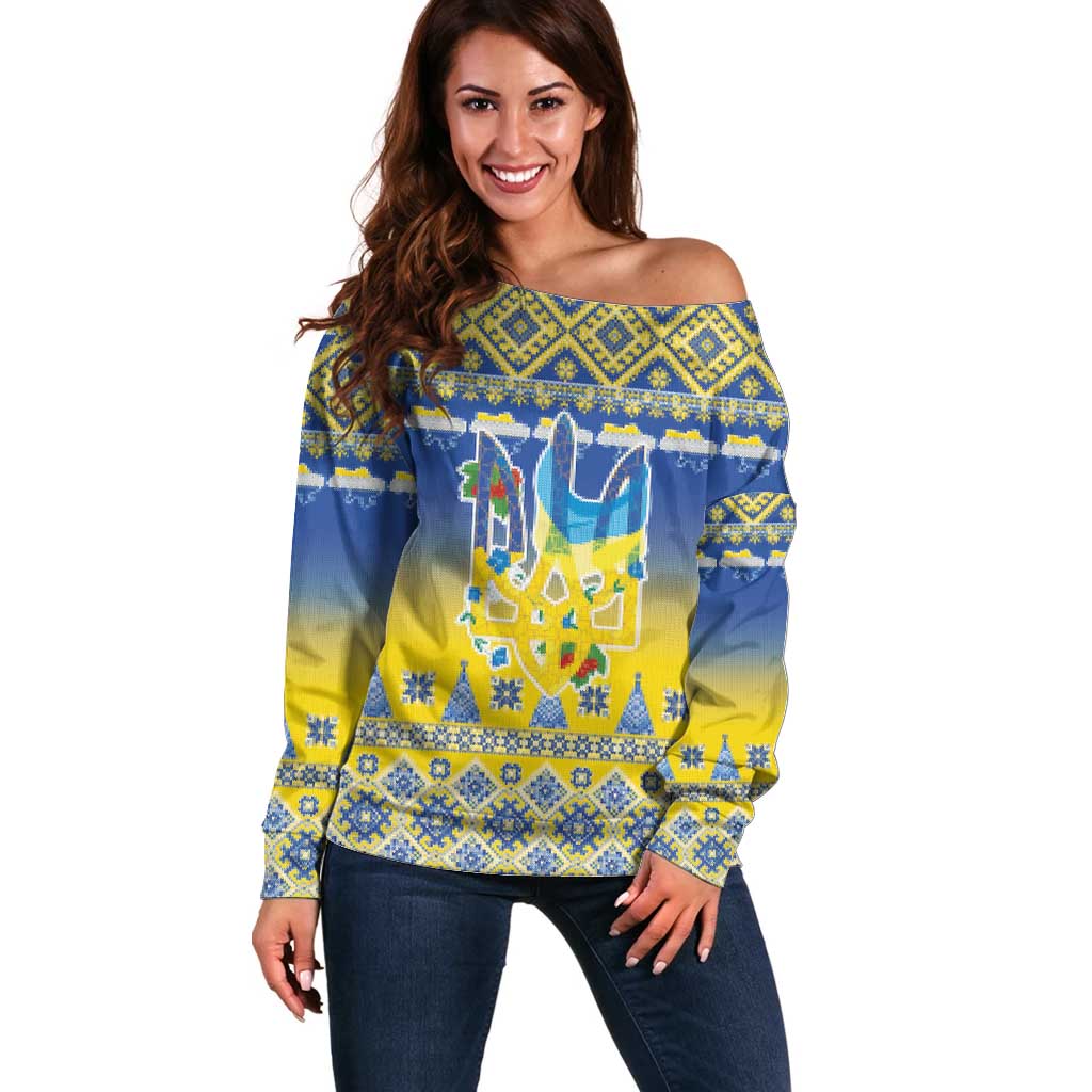 Ukraine Merry Christmas Off Shoulder Sweater Ukraine Emblem and Vyshyvanka Knitted Effect - Wonder Print Shop