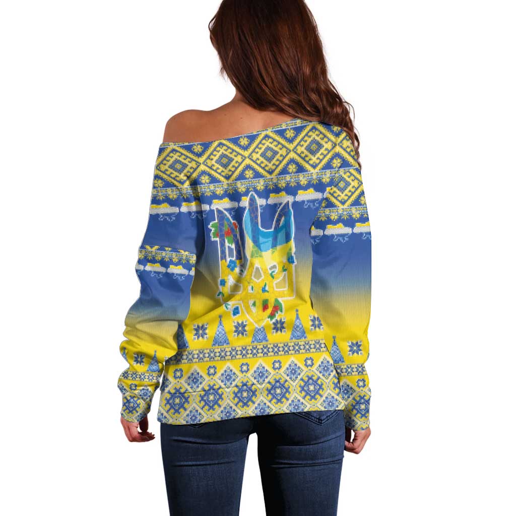 Ukraine Merry Christmas Off Shoulder Sweater Ukraine Emblem and Vyshyvanka Knitted Effect - Wonder Print Shop