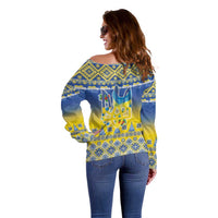 Ukraine Merry Christmas Off Shoulder Sweater Ukraine Emblem and Vyshyvanka Knitted Effect - Wonder Print Shop
