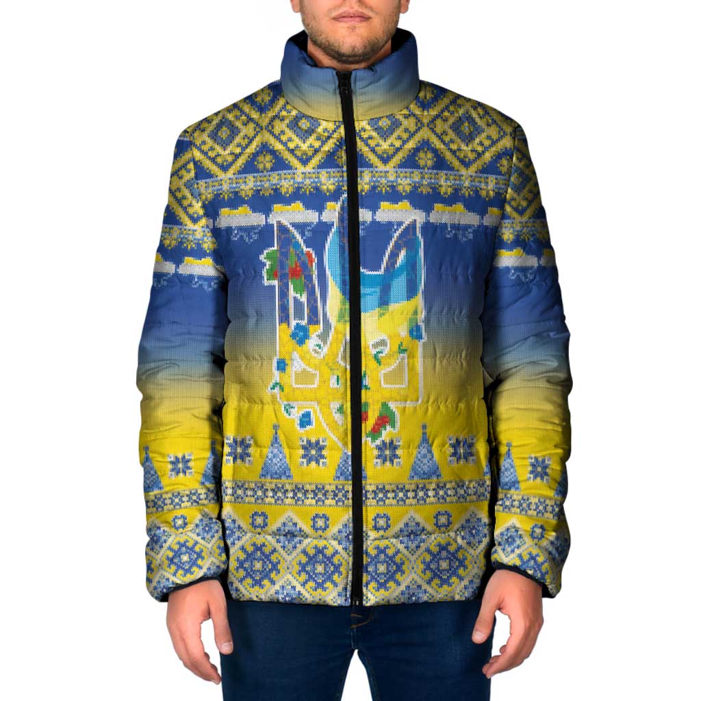 Ukraine Merry Christmas Padded Jacket Ukraine Emblem and Vyshyvanka Knitted Effect - Wonder Print Shop