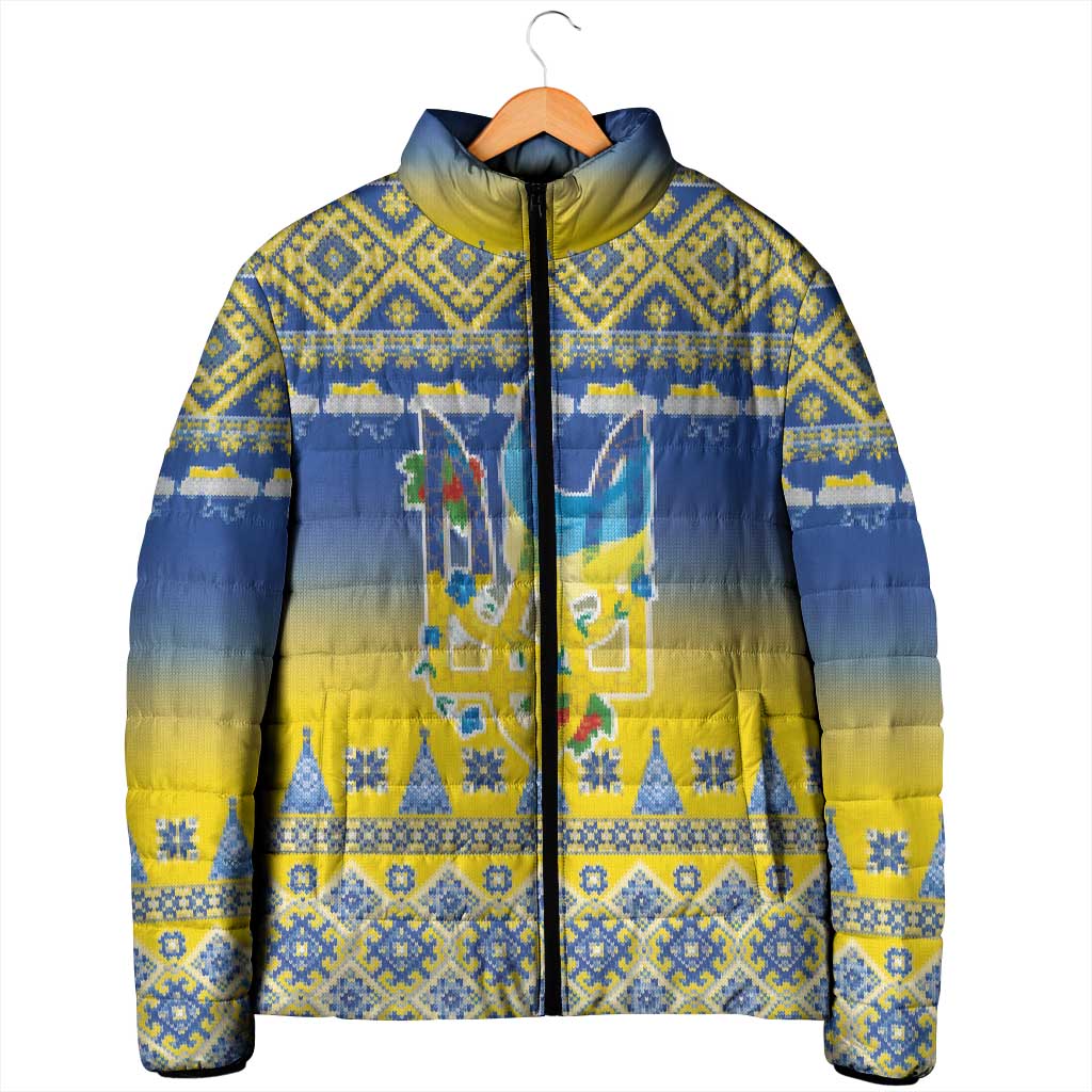 Ukraine Merry Christmas Padded Jacket Ukraine Emblem and Vyshyvanka Knitted Effect - Wonder Print Shop