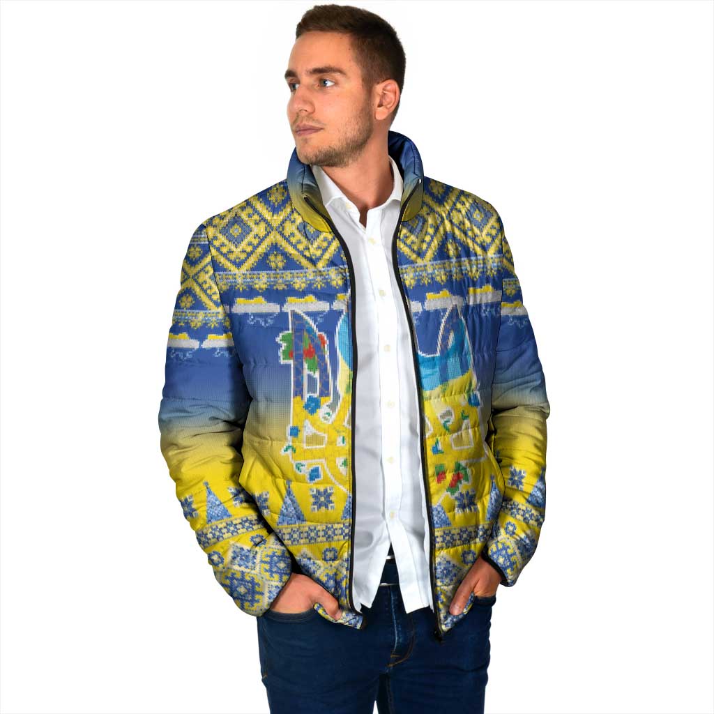 Ukraine Merry Christmas Padded Jacket Ukraine Emblem and Vyshyvanka Knitted Effect - Wonder Print Shop