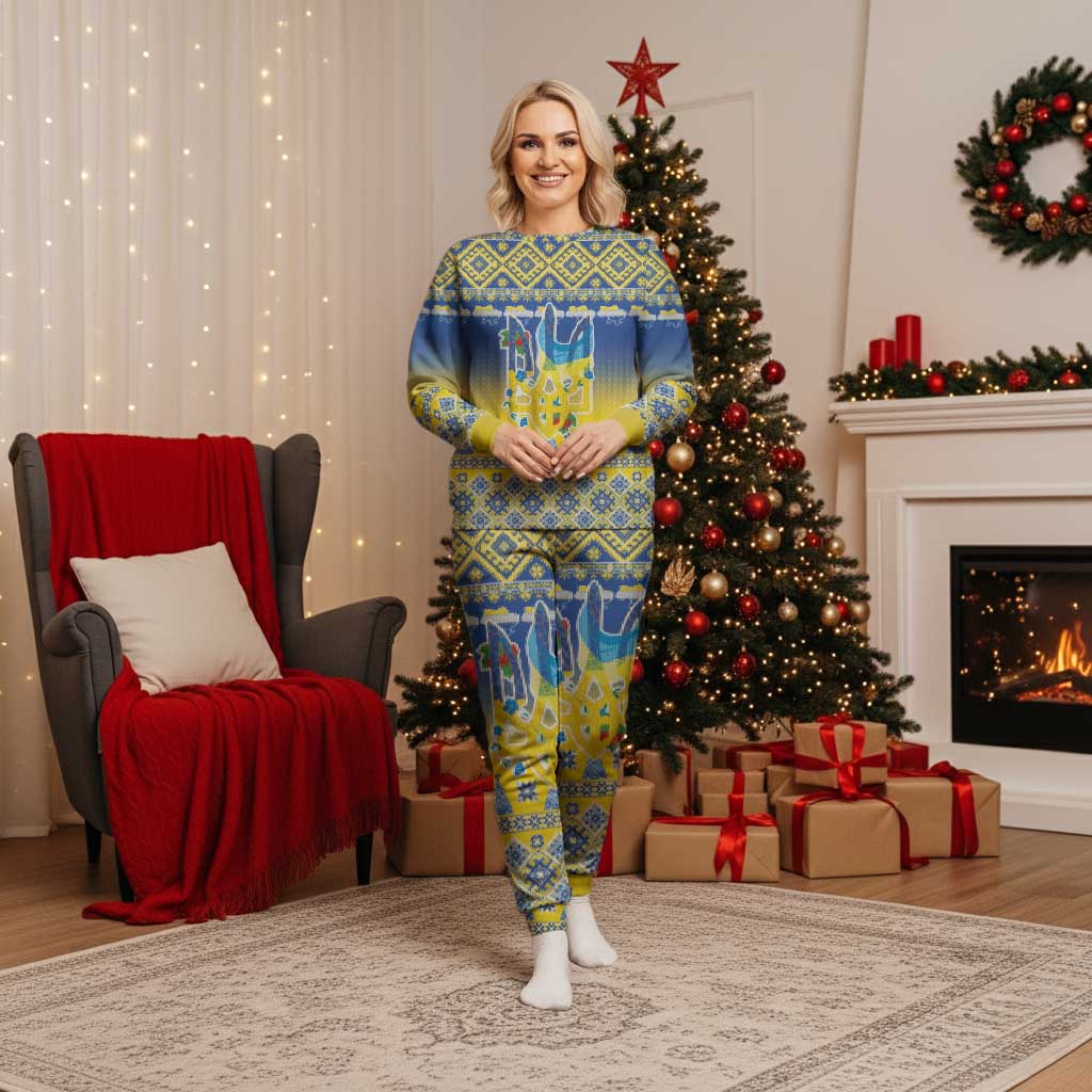 Ukraine Merry Christmas Pajama Set Ukraine Emblem and Vyshyvanka Knitted Effect - Wonder Print Shop