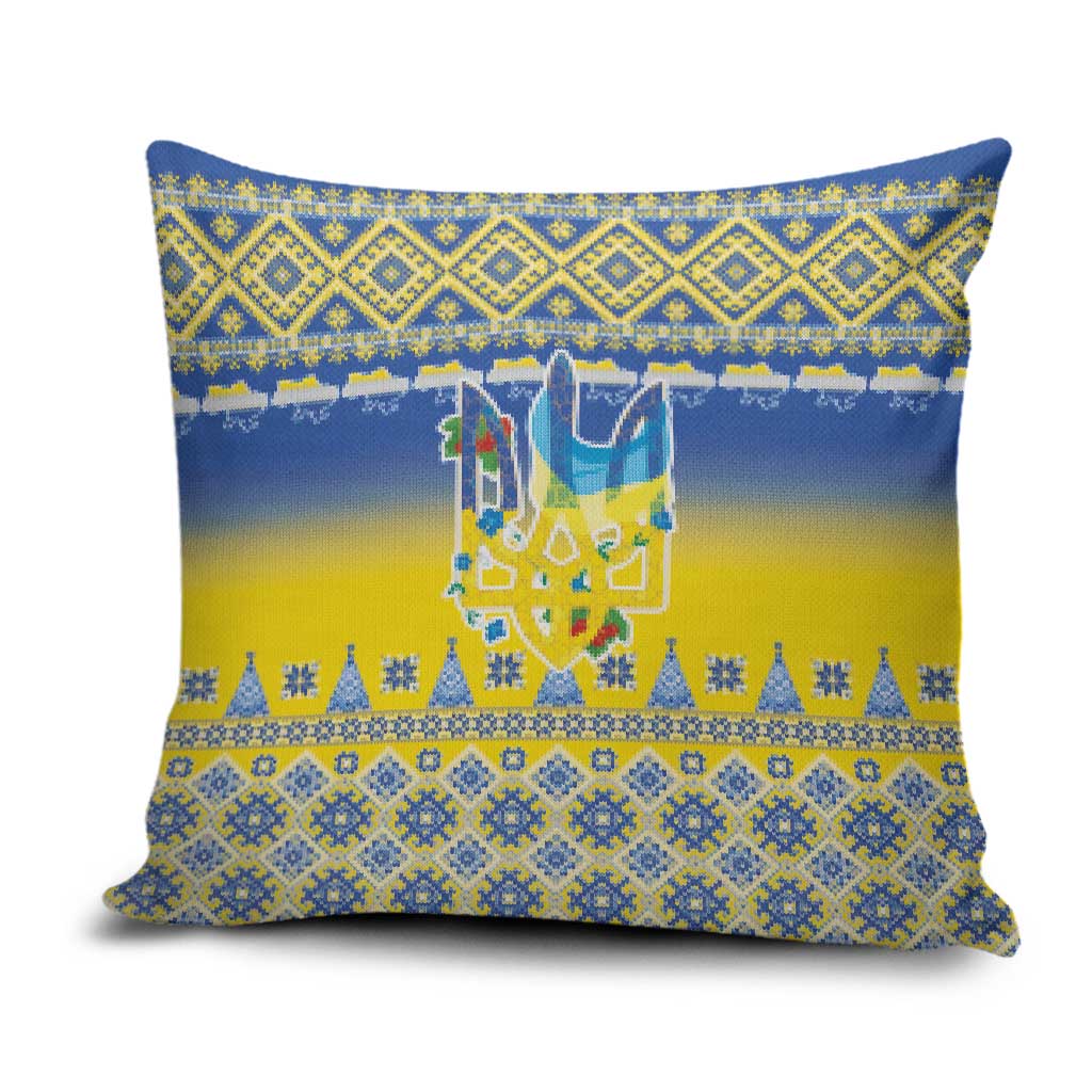 Ukraine Merry Christmas Pillow Cover Ukraine Emblem and Vyshyvanka Knitted Effect - Wonder Print Shop