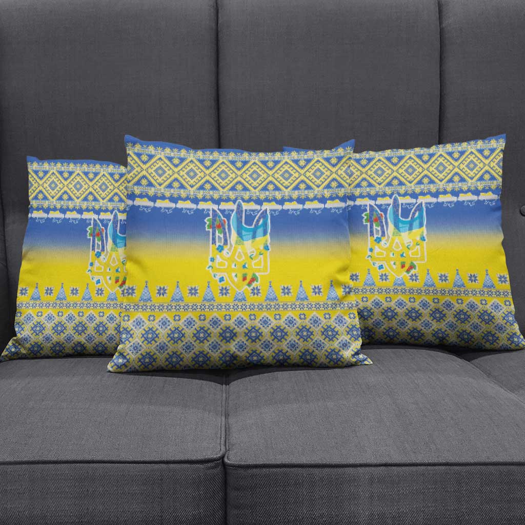 Ukraine Merry Christmas Pillow Cover Ukraine Emblem and Vyshyvanka Knitted Effect - Wonder Print Shop