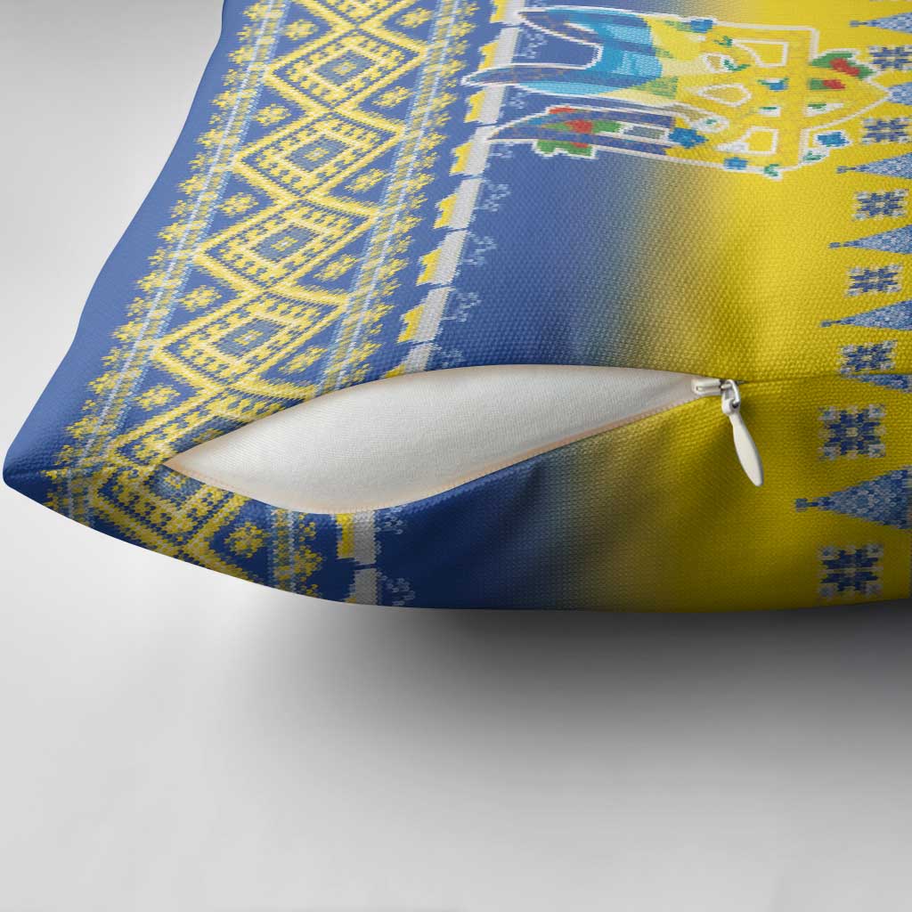 Ukraine Merry Christmas Pillow Cover Ukraine Emblem and Vyshyvanka Knitted Effect - Wonder Print Shop