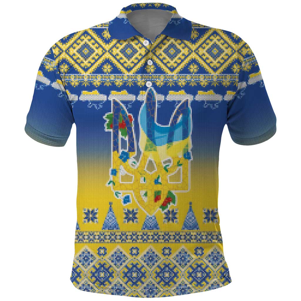 Ukraine Merry Christmas Polo Shirt Ukraine Emblem and Vyshyvanka Knitted Effect - Wonder Print Shop