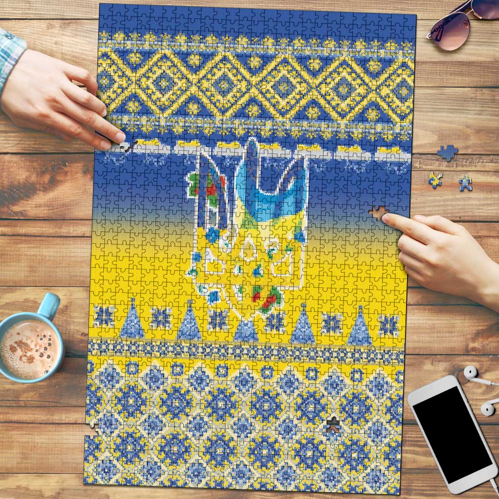 Ukraine Merry Christmas Puzzle Ukraine Emblem and Vyshyvanka Knitted Effect - Wonder Print Shop