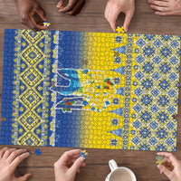 Ukraine Merry Christmas Puzzle Ukraine Emblem and Vyshyvanka Knitted Effect - Wonder Print Shop