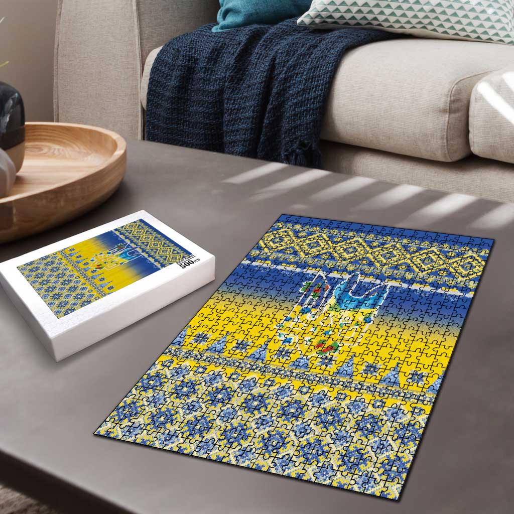 Ukraine Merry Christmas Puzzle Ukraine Emblem and Vyshyvanka Knitted Effect - Wonder Print Shop