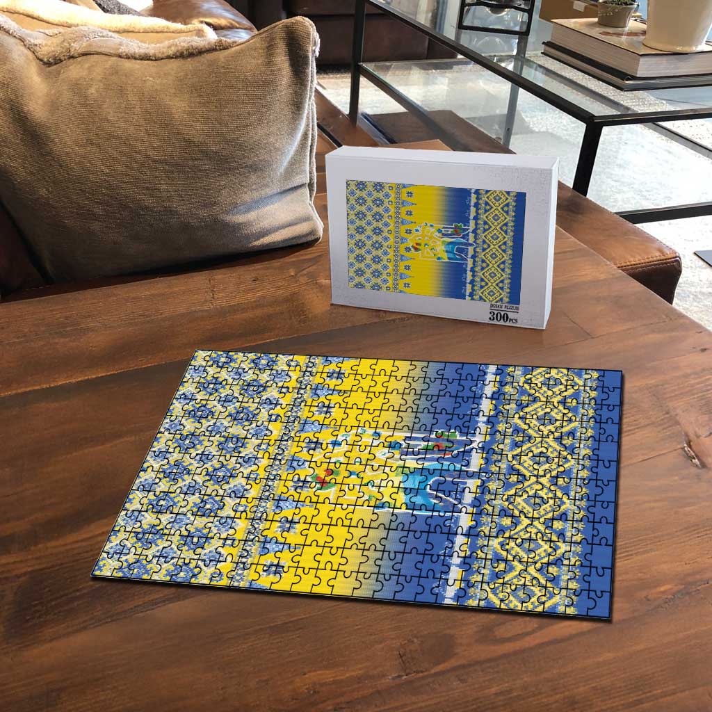 Ukraine Merry Christmas Puzzle Ukraine Emblem and Vyshyvanka Knitted Effect - Wonder Print Shop